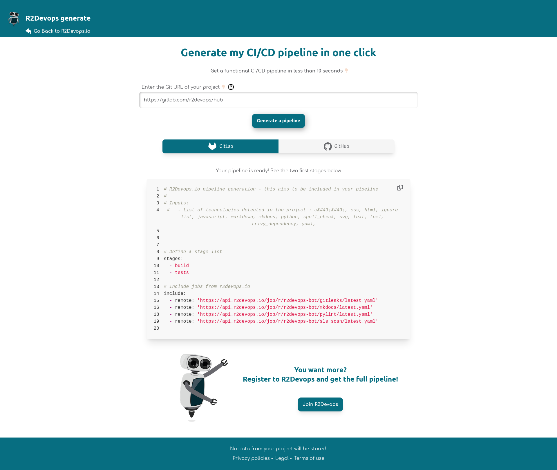 Pipeline generated using Generate from R2Devops