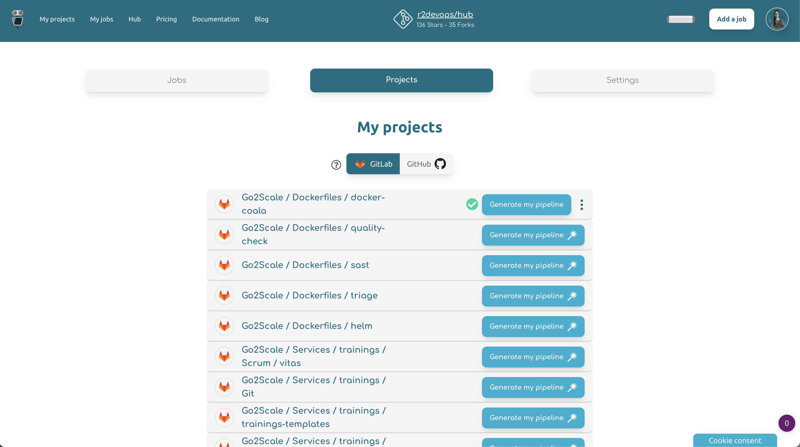 Projects’ dashboard in R2Devops